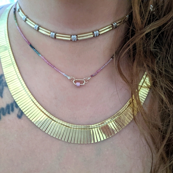 14k Jewelry - 14k Gold Sapphire Carabiner and Tourmaline Gemstone Necklace